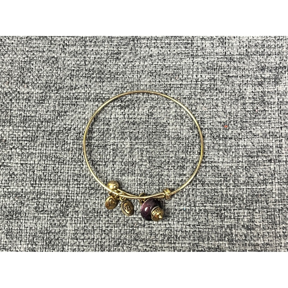 Brighton Gold Tone Adjustable Bangle Purple Bead Heart B Logo Charm Bracelet VTG - Picture 3 of 5